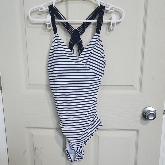 Kona Sol Navy and White Striped Swimsuit - Picture 1 of 3